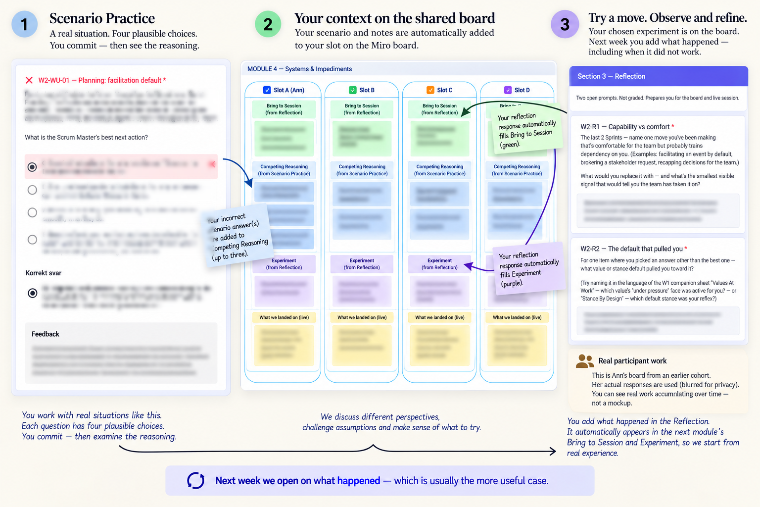 The learning mechanism: Scenario Practice feeds incorrect answers into Competing Reasoning on the shared board; Reflection fills Bring to Session and Experiment; the live session fills What we landed on; next week opens on what happened