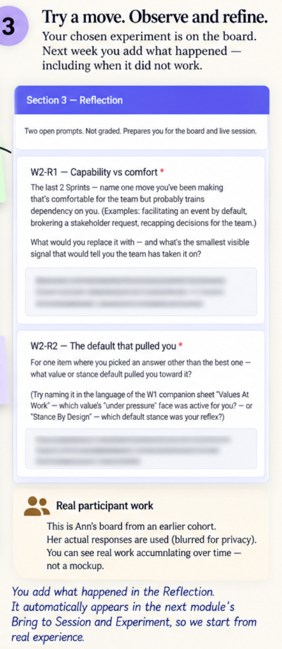 Part 3 — Reflection: two open prompts fill Bring to Session and Experiment; next week you add what happened